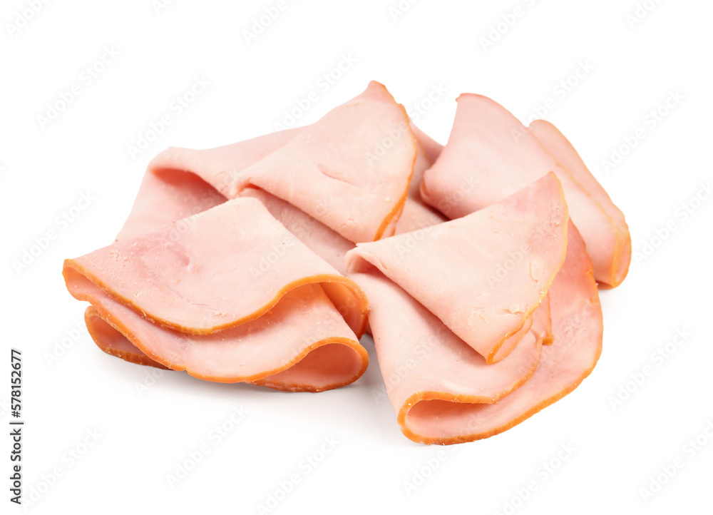 Delicious ham slices isolated on white background