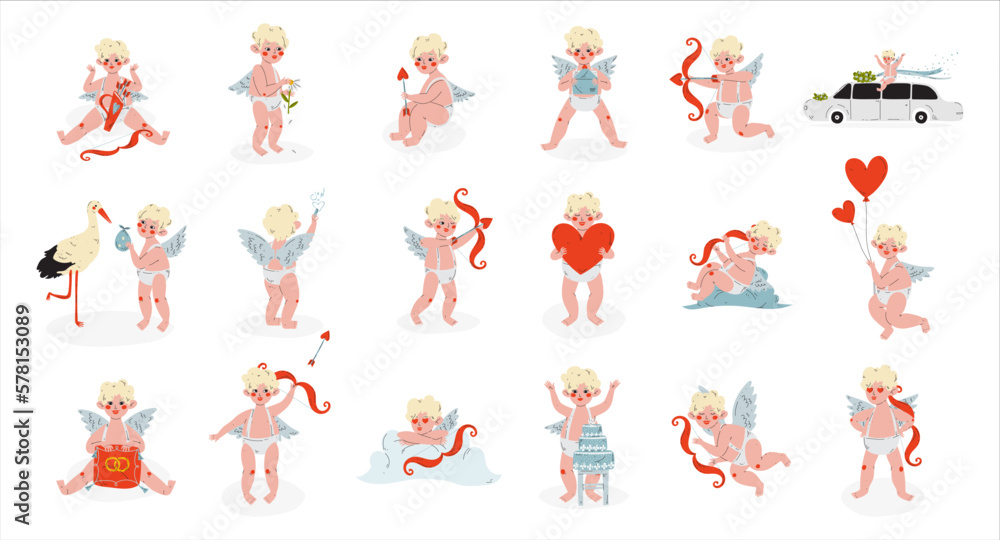 Set of Cupid characters set. Baby Angel, Amour, Cherub shooting with bow, holding red heart cartoon vector illustration