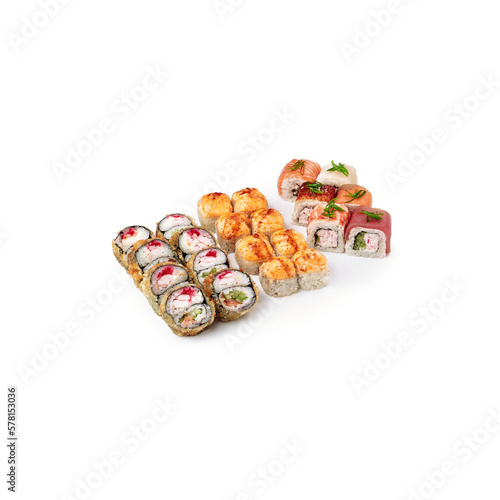 set Mix baked sushi rolls white background isolated 