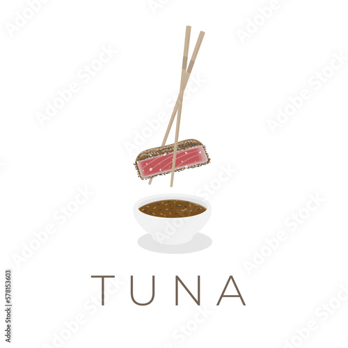 Vector Illustration Logo of Tuna Tataki Ahi Tuna or Tuna Meat Covered in Sesame and Dipped in a Sauce