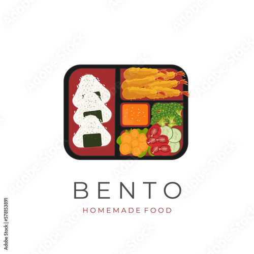 Vector Illustration Logo Japanese Bento Lunch Box With Onigiri Tempura Filling and Fresh Vegetables