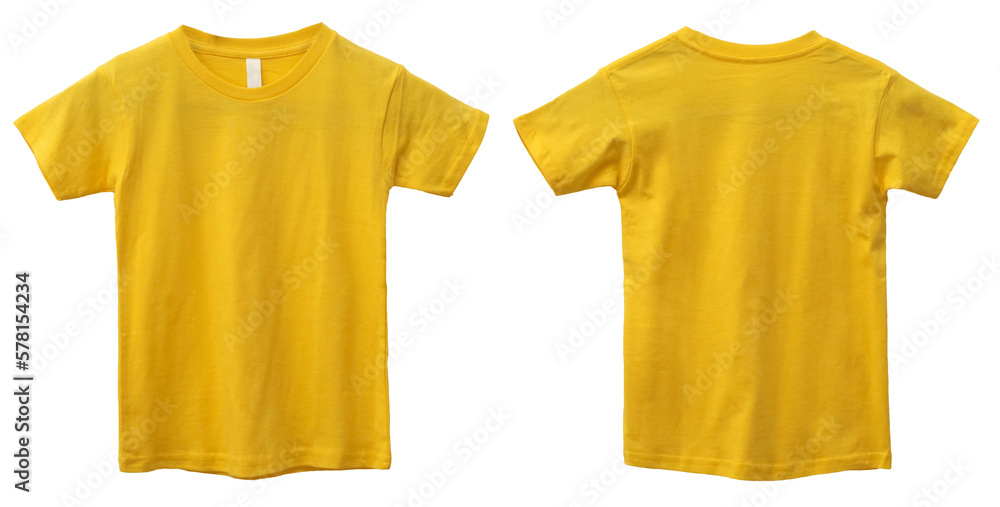 Yellow kids t-shirt mock up, front and back view, isolated. Plain light blue shirt mockup. Tshirt design template - obrazy, fototapety, plakaty 