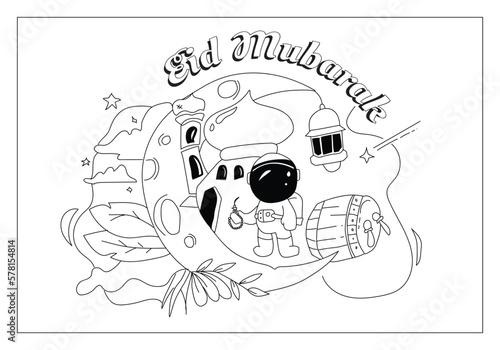 Eid Mubarak Illustration with Kids Character Coloring Book