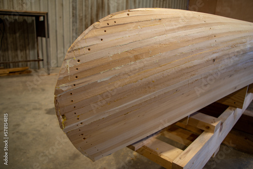 Handmade cedar strip canoe being built, Ontario, Canada
