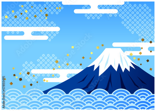 ノーマル版富士と海と雲の和背景ヨコ