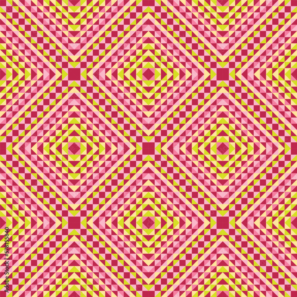 Bright seamless pixel pattern in Mexican style. Vivid tribal geometric triangles and squares ornament in trendy magenta color. Aztec rug background.