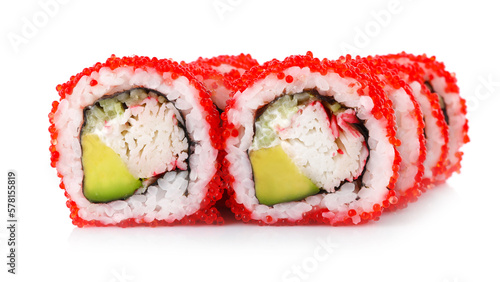 Delicious fresh sushi rolls with tobiko caviar on white background