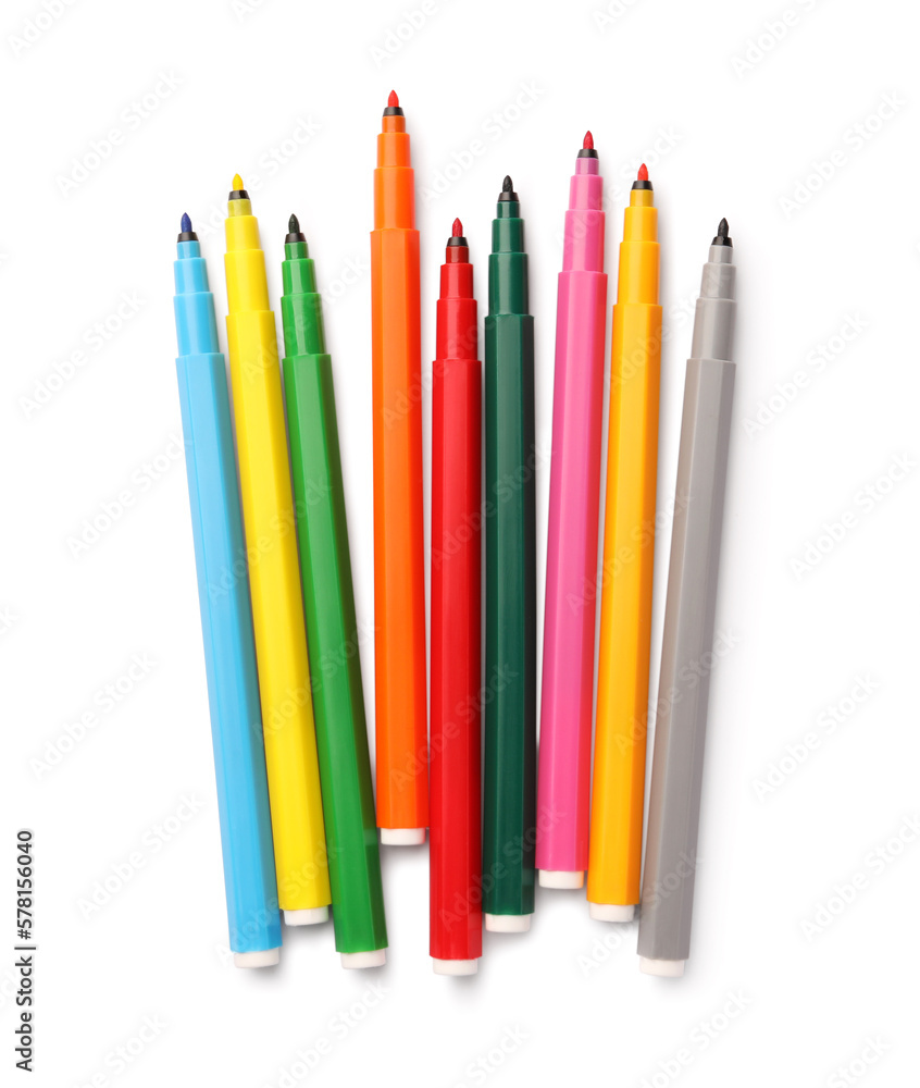 Many bright markers isolated on white, top view Many bright markers isolated on white, top view