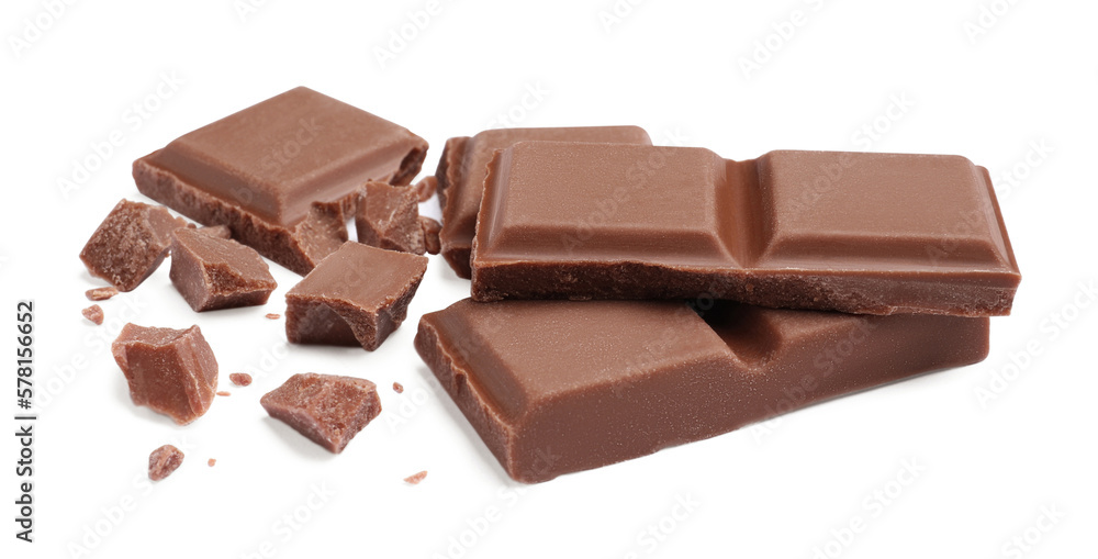 Pieces of delicious milk chocolate bar on white background Pieces of delicious milk chocolate bar on white background