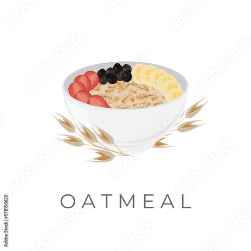 Oatmeal Porridge Vector Illustration Logo In A White Bowl With Fresh Fruit Additions