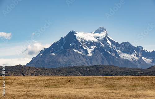 Golden Pampas and snowy mountains of Torres del Paine National Park in Chile, Patagonia, South America