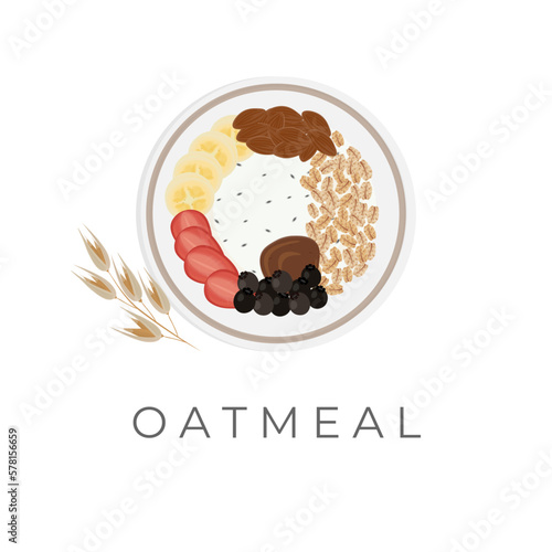 Oat Seed Vector Illustration Logo With Fresh Fruit Milk Yogurt And Almonds