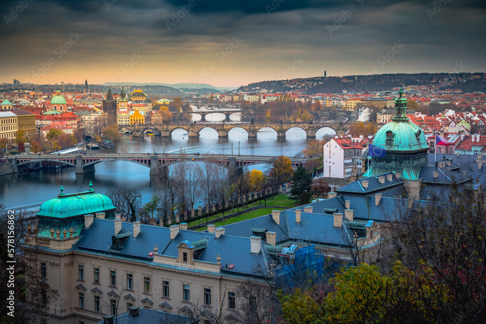 Panoramic view over the cityscape of Prague at dramatic dusk, Czech Republic