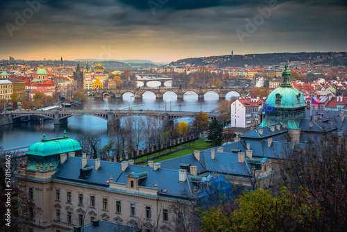 Panoramic view over the cityscape of Prague at dramatic dusk, Czech Republic