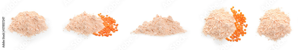 Collage with lentil flour and beans on white background, top and side views Collage with lentil flour and beans on white background, top and side views