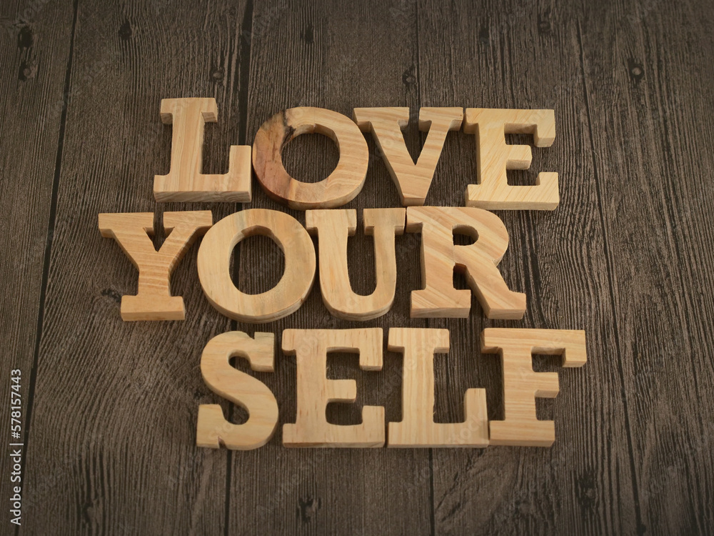 Love yourself, text words typography written with wooden letter, life and business motivational inspirational - obrazy, fototapety, plakaty 