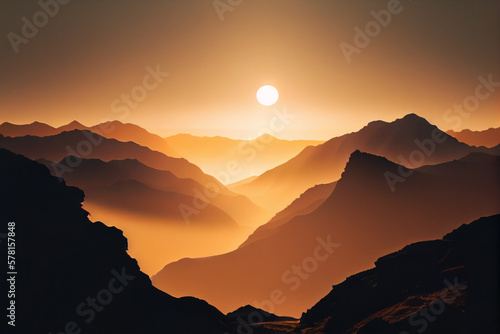 The view of a mountain range with the sunrise in the distance.