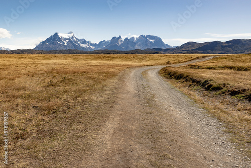 Golden Pampas and snowy mountains of Torres del Paine National Park in Chile, Patagonia, South America