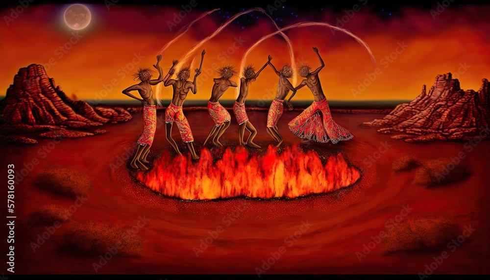 Australian Aboriginal Tribe Dancing around a fire at night in a red ...