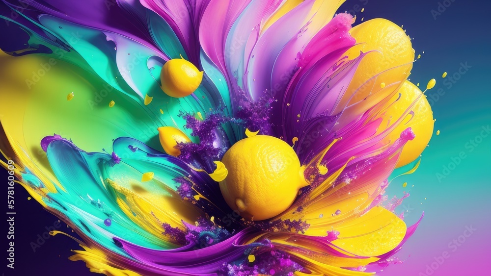 Abstract background, lemon in splashes of paint and juice. neon color. Flying Lemon slices. Illustration.