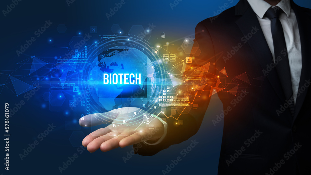 Fototapeta premium Elegant hand holding technology-related inscription