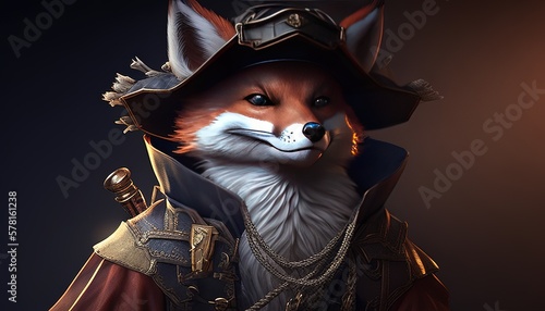 adventurous fox pirate digital art illustration, Generative AI