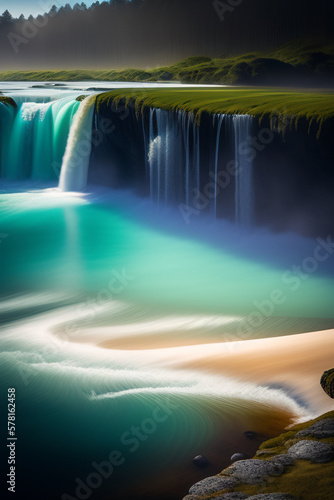 Breathtaking Realistic Landscape with waterfalls, Meadows, and Majestic Mountains - AI-Generated Digital Art Ideal for Decorative Frames