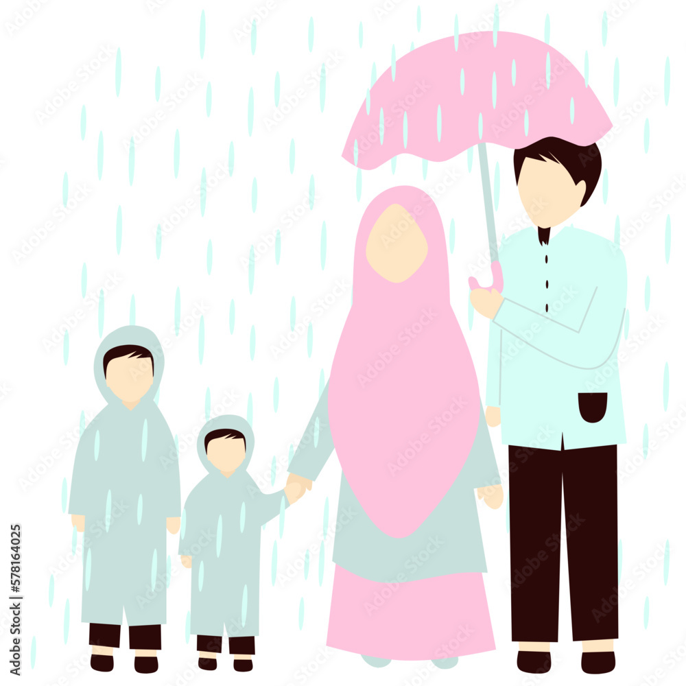 Faceless Muslim Family Under Rain Faceless Muslim Family Under Rain