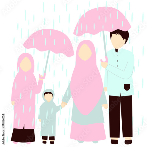 Faceless Muslim Family Under Rain
