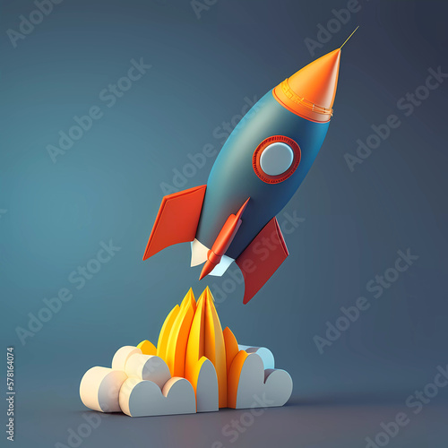 Fotografia Illustration of Blue rocket and space for start up business, generative AI