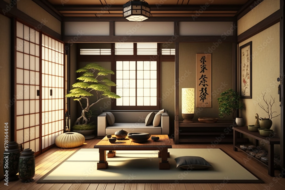 Japanese living room, Generative AI Japanese living room, Generative AI