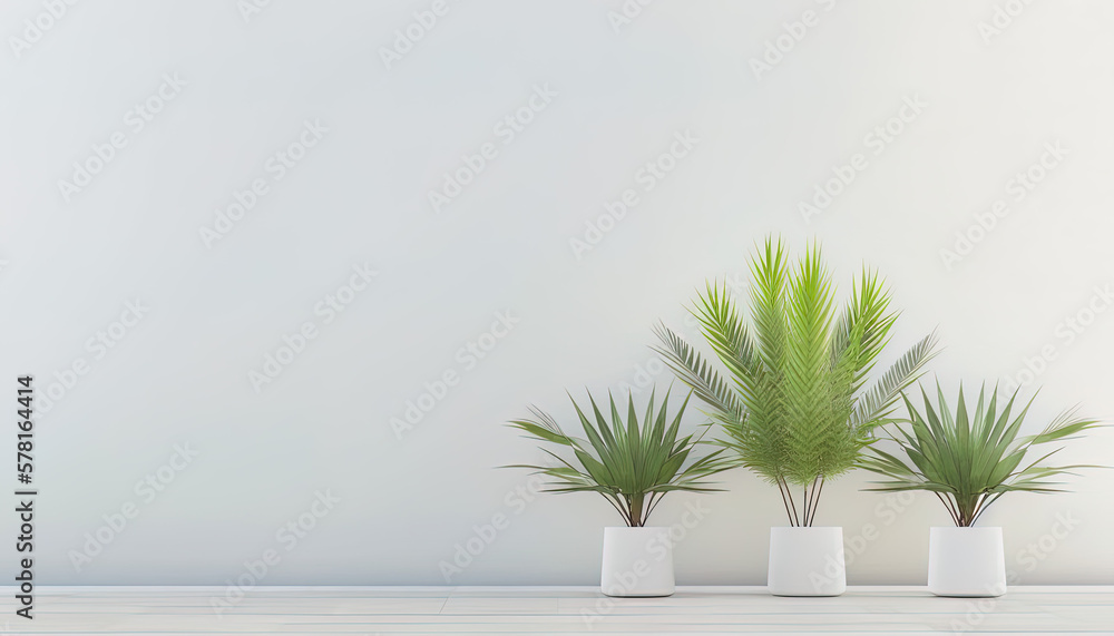Obraz premium Green palm plants in a white vases with white background. Space for text.
