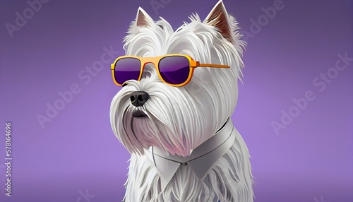 Fashion West Highland White Terrier in color suit with sunglasses on a solid color background, vector art, digital art, faceted, minimal, abstract, geometric. Generative AI. © andrenascimento