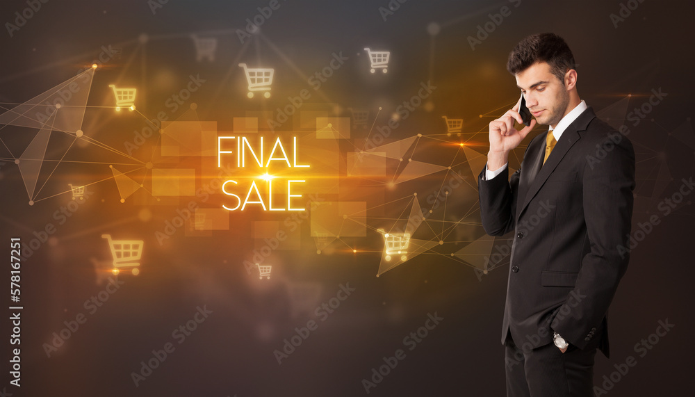 Businessman thinking about shopping concept Businessman thinking about shopping concept