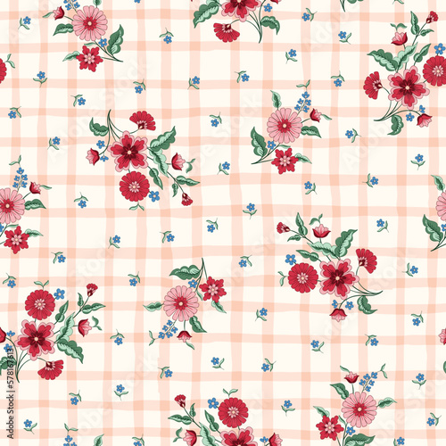 Indian Flowers and Plaid Overlay Vector Seamless Pattern. Cottagecore Chintz Floral Background. Delicate Summer Boho Print
