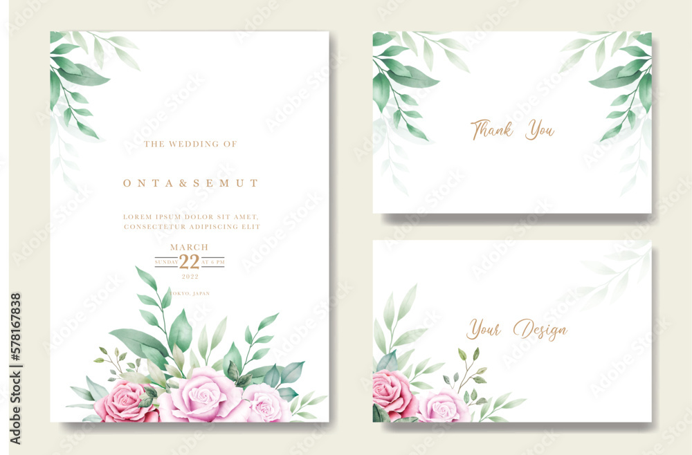 wedding invitation card  with floral rose watercolor