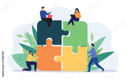 Business team putting together puzzle vector illustration. Teamwork and Partnership. Cartoon partners working in connection.  Vector illustration