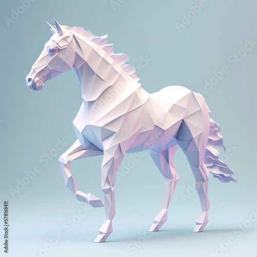 White background, hyper sharp 3D horse, paper origami, pastel colours