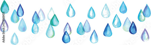水彩画。水彩タッチの雨の雫フレーム。梅雨のフレーム。Watercolor painting. Rain drop frame with watercolor touch. Rainy season frame.