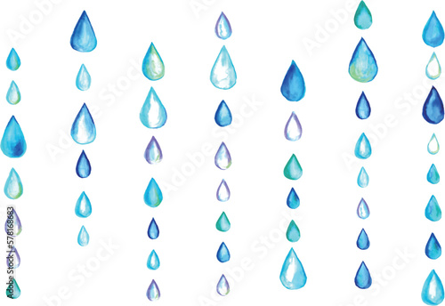 水彩画。水彩タッチの雨の雫ベクター背景。梅雨の背景。Watercolor. Rain drops vector background with watercolor touch. Rainy season background.