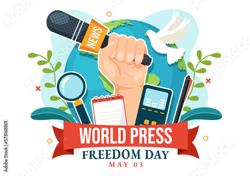 World Press Freedom Day on May 3 Illustration with Hands Holding News Microphones for Web Banner or Landing Page in Flat Cartoon Hand Drawn Templates