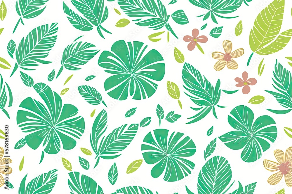 Fototapeta premium Monstera green leaves or Monstera Deliciosa background. Seamless flat painting. Beautiful tribal generative ai art background., palm, rubber plant, pine, bird’s nest fern