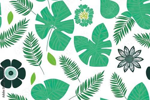 Monstera green leaves or Monstera Deliciosa background. Seamless flat painting. Beautiful tribal generative ai art background.  palm  rubber plant  pine  bird   s nest fern