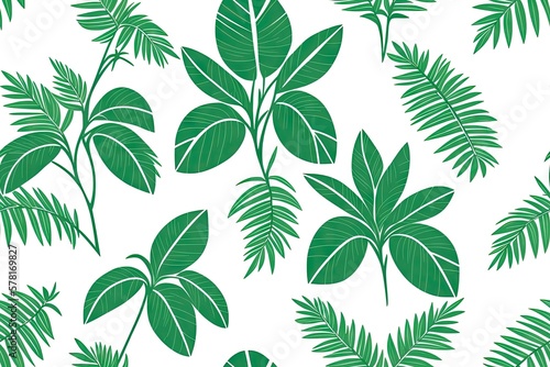 Monstera green leaves or Monstera Deliciosa background. Seamless flat painting. Beautiful tribal generative ai art background.  palm  rubber plant  pine  bird   s nest fern