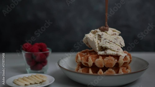 Waffle with Ice Cream and Melted Chooclate