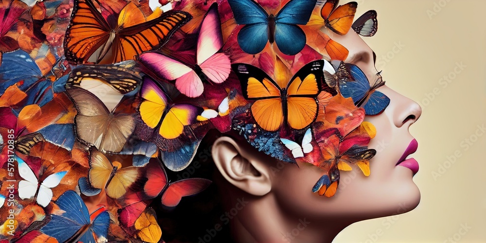Woman made of colorful butterflies by generative AI