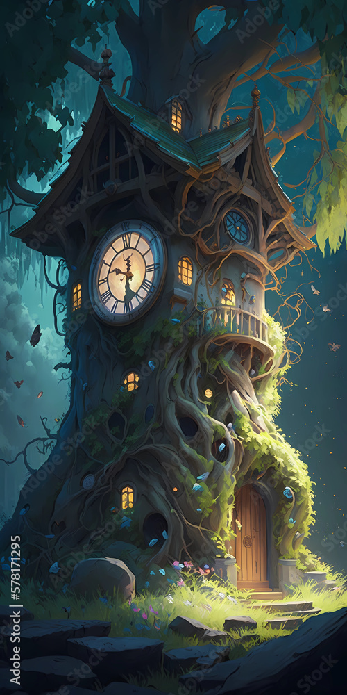 Fantasy Natural Tree House Design with A Clock  Window in a Beautiful Forest Background Generative AI