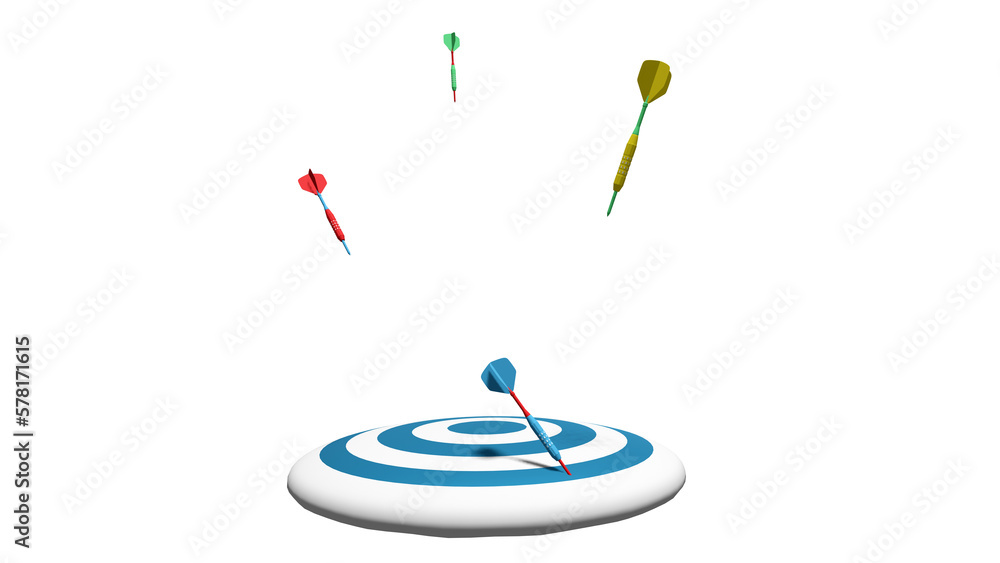 Dart arrows are throwing to blue dart board (3D Rendering) Dart arrows are throwing to blue dart board (3D Rendering)