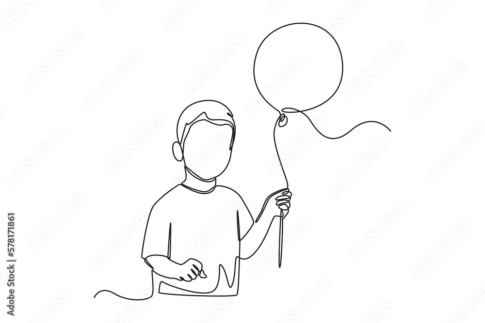 Continuous one line drawing happy boy holding balloon. Happy Children's Day concept. Single line draw design vector graphic illustration.