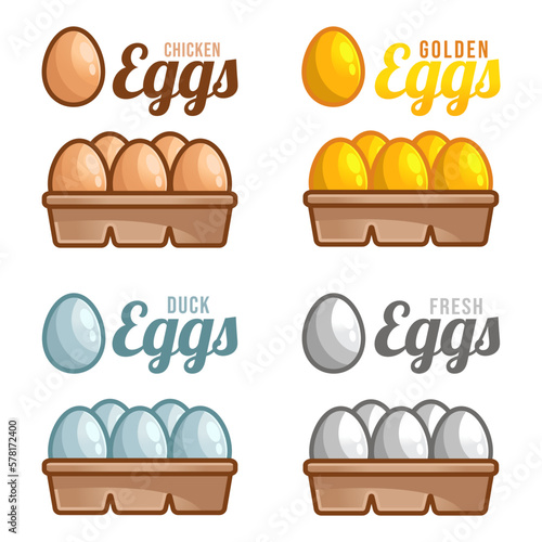 Set of eggs, isolated on white background. Vector cartoon 3d flat design illustration collection template. Fresh, duck, chicken, golden egg on cartoon tray packaging.